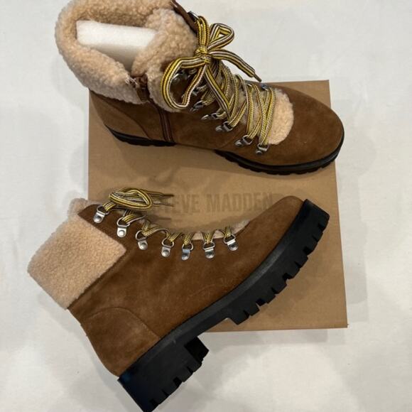 New Steve Madden Aniko Chesnut Brown Suede Lace Up Sherpa Boot Women's sz 8 - Picture 1 of 3